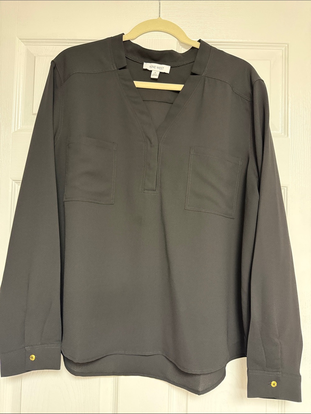 Nine West  Black Split-Neck Blouse with Front Pockets